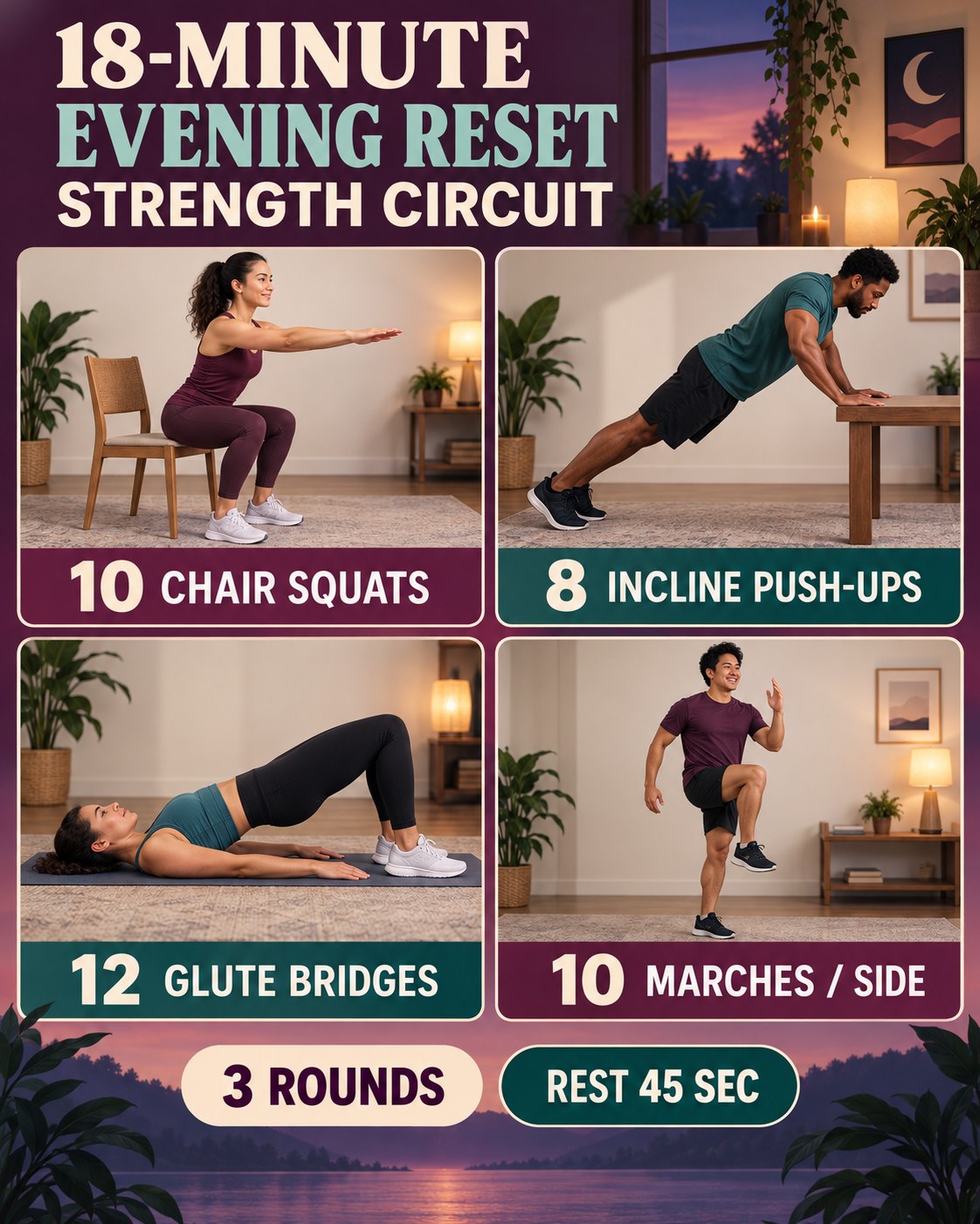 18-minute evening reset strength circuit with four illustrated exercises