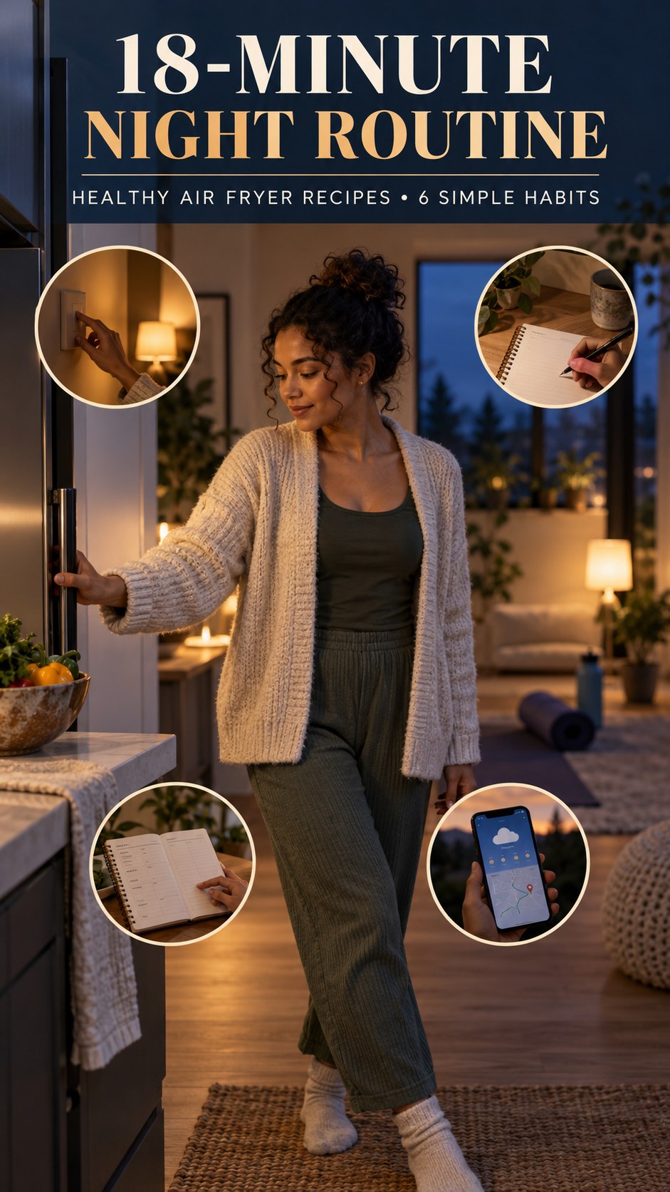 Night routine infographic for Healthy Air Fryer Recipes showing close the kitchen deliberately and 6 practical evening habits.