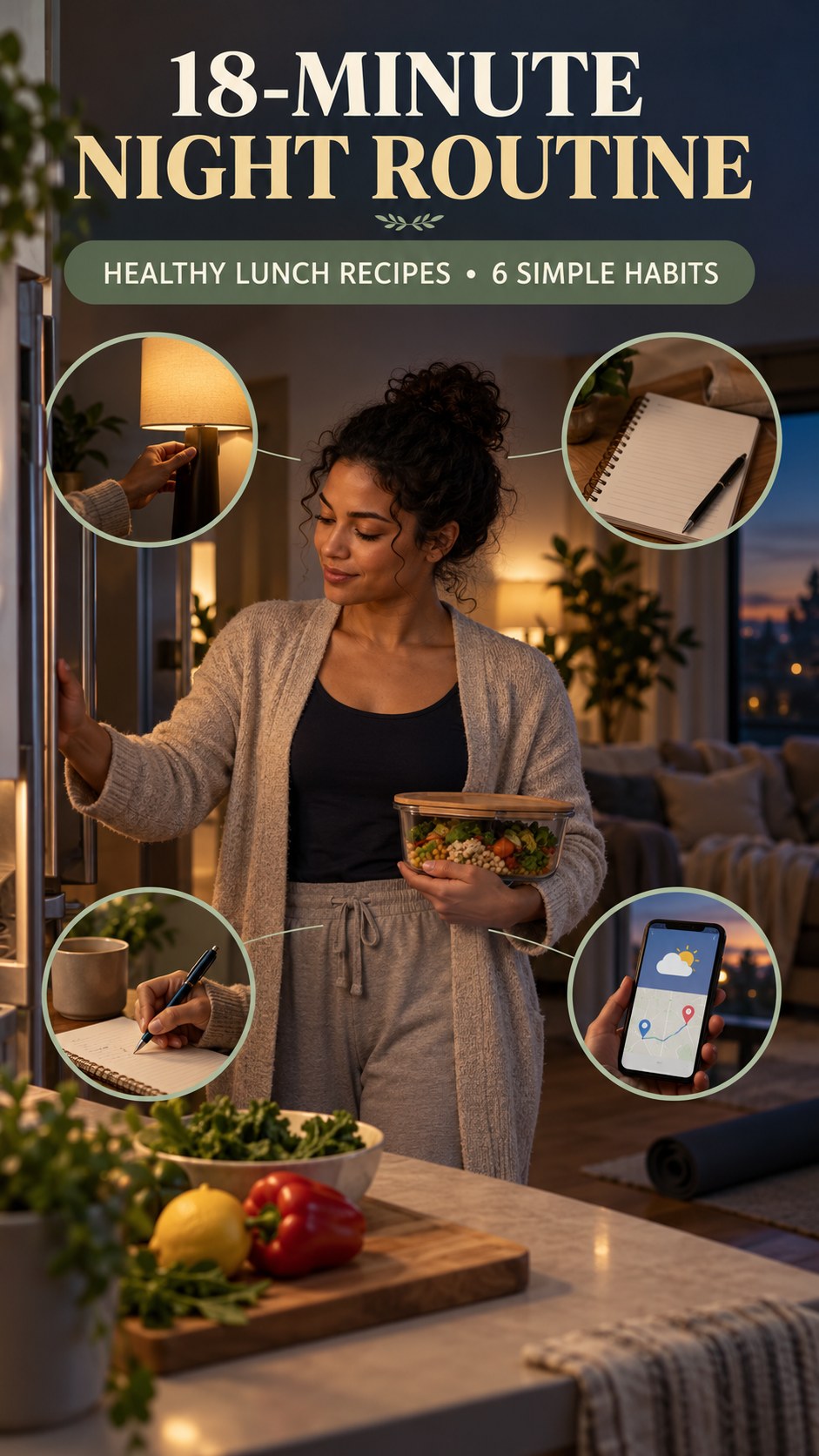 Night routine infographic for Healthy Lunch Recipes showing close the kitchen deliberately and 6 practical evening habits.