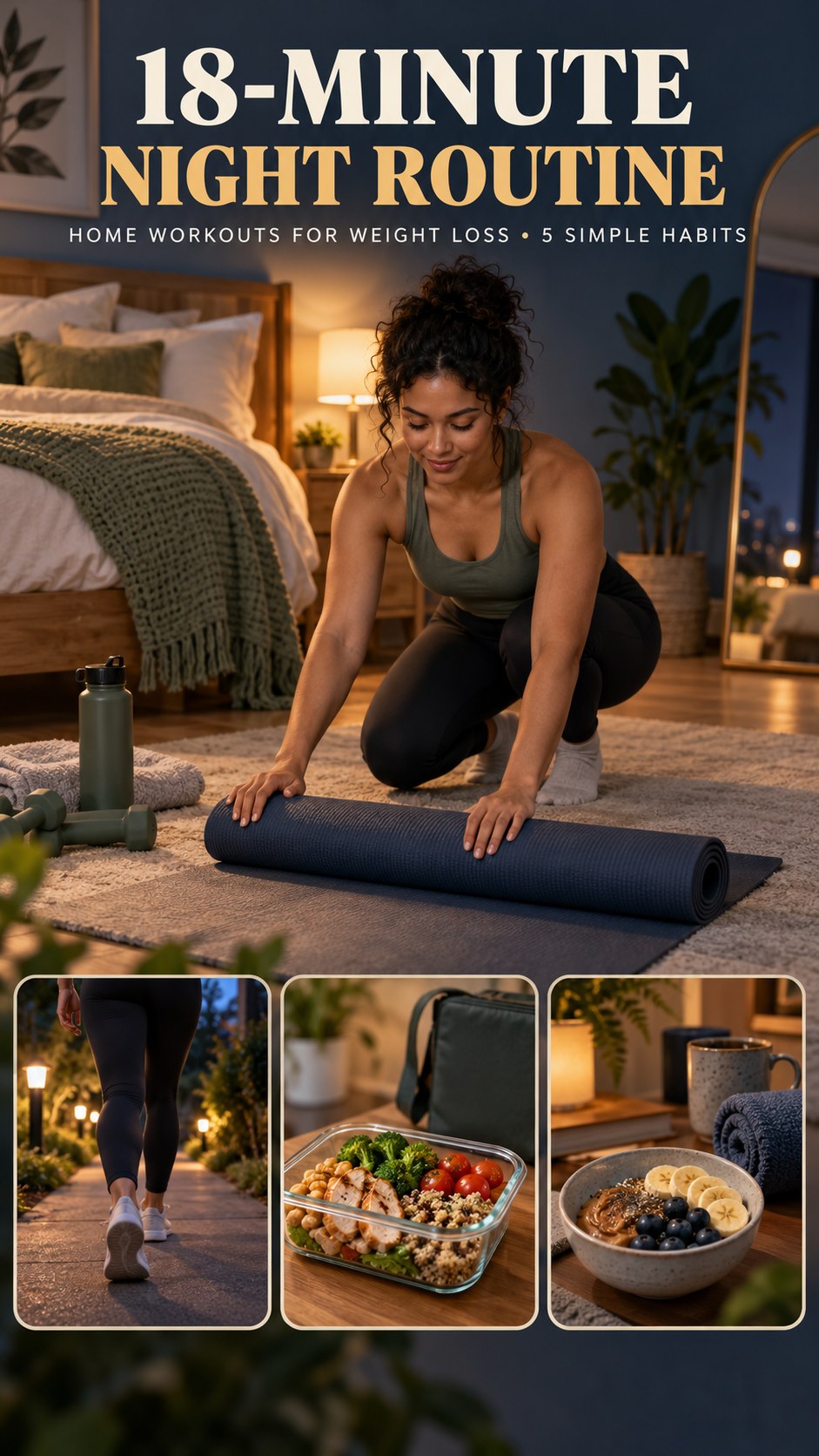 Night routine infographic for Home Workouts for Weight Loss showing make the room comfortable and 5 practical evening habits.