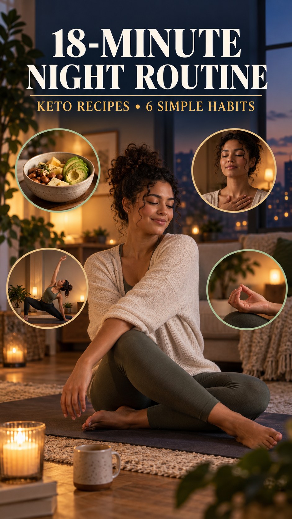 Night routine infographic for Keto Recipes showing plan a satisfying evening snack and 6 practical evening habits.