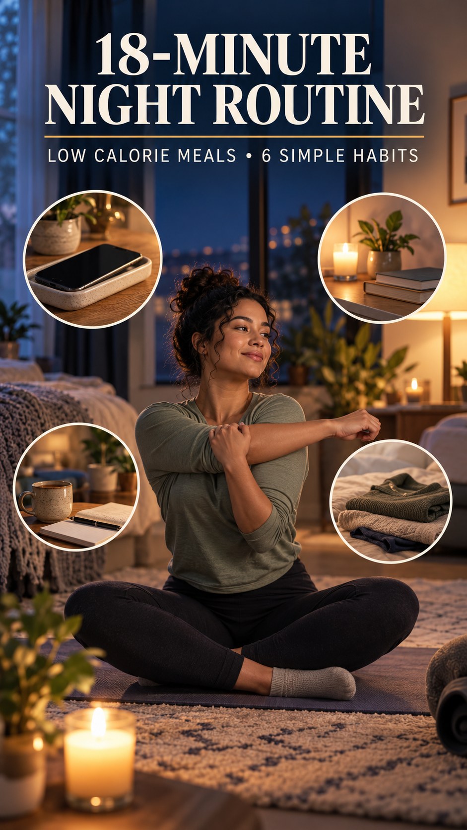 Night routine infographic for Low Calorie Meals showing set a screen boundary and 6 practical evening habits.