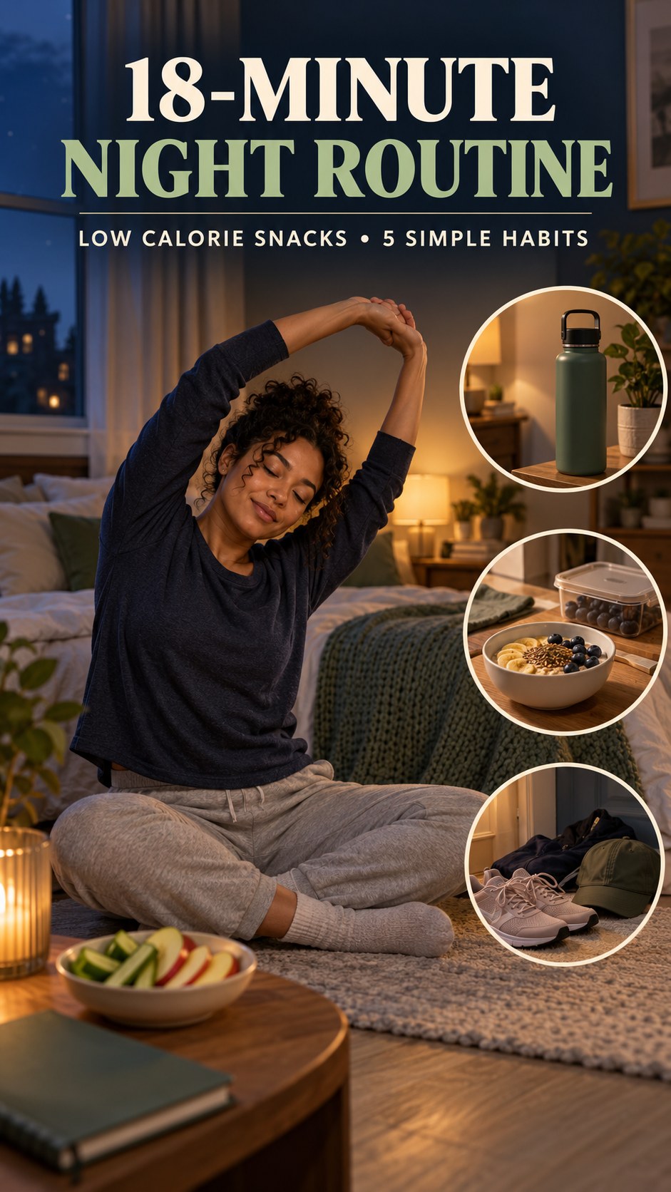 Night routine infographic for Low Calorie Snacks showing use a short stretch break and 5 practical evening habits.