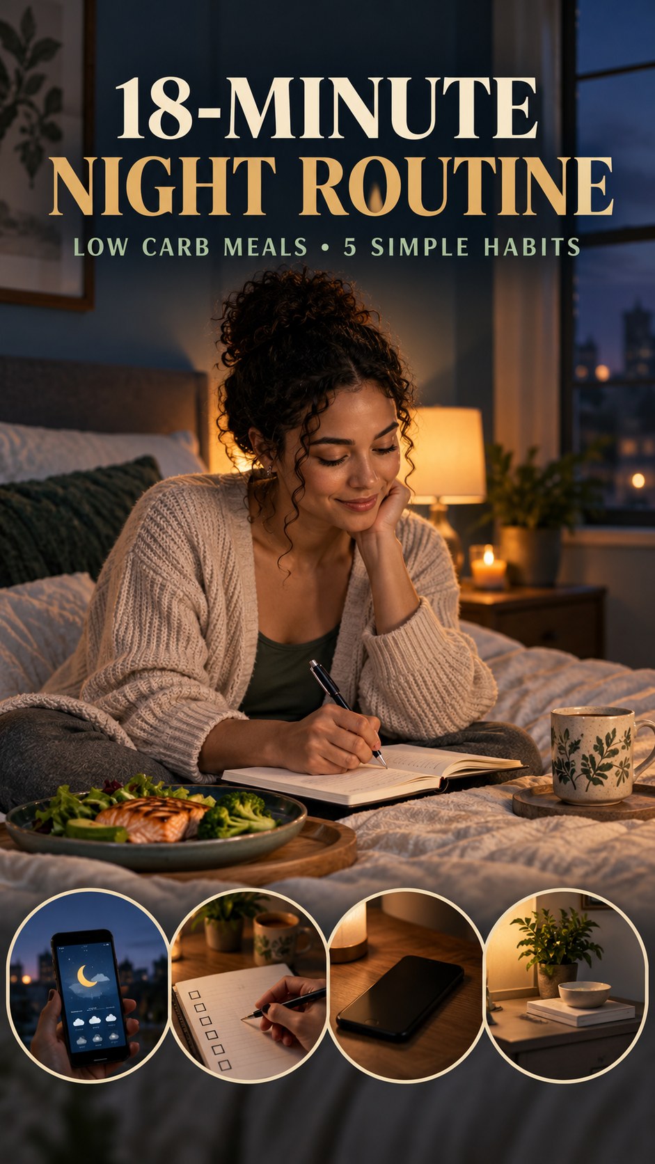 Night routine infographic for Low Carb Meals showing write a brief check-in and 5 practical evening habits.