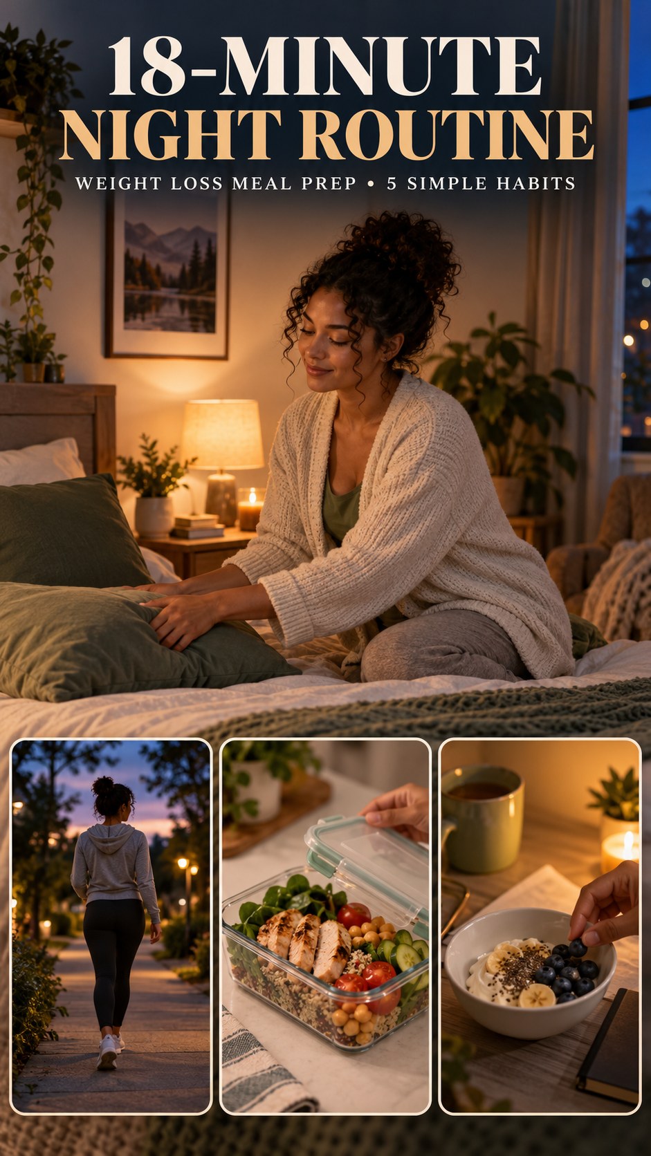 Night routine infographic for Weight Loss Meal Prep showing make the room comfortable and 5 practical evening habits.
