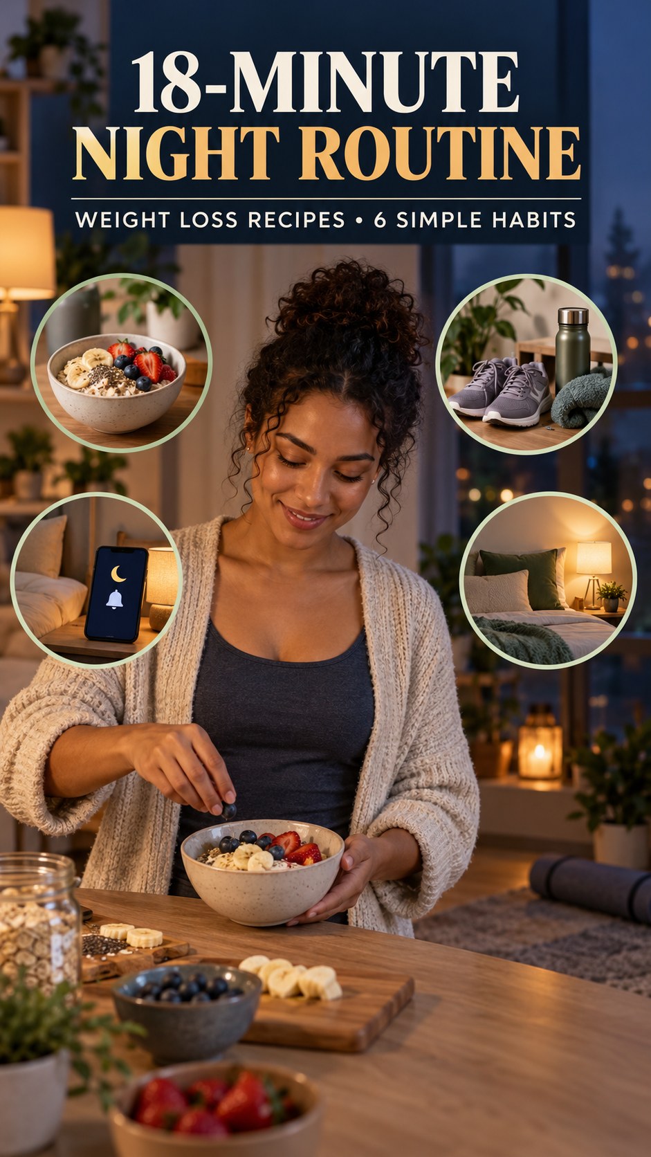 Night routine infographic for Weight Loss Recipes showing prepare a flexible breakfast and 6 practical evening habits.