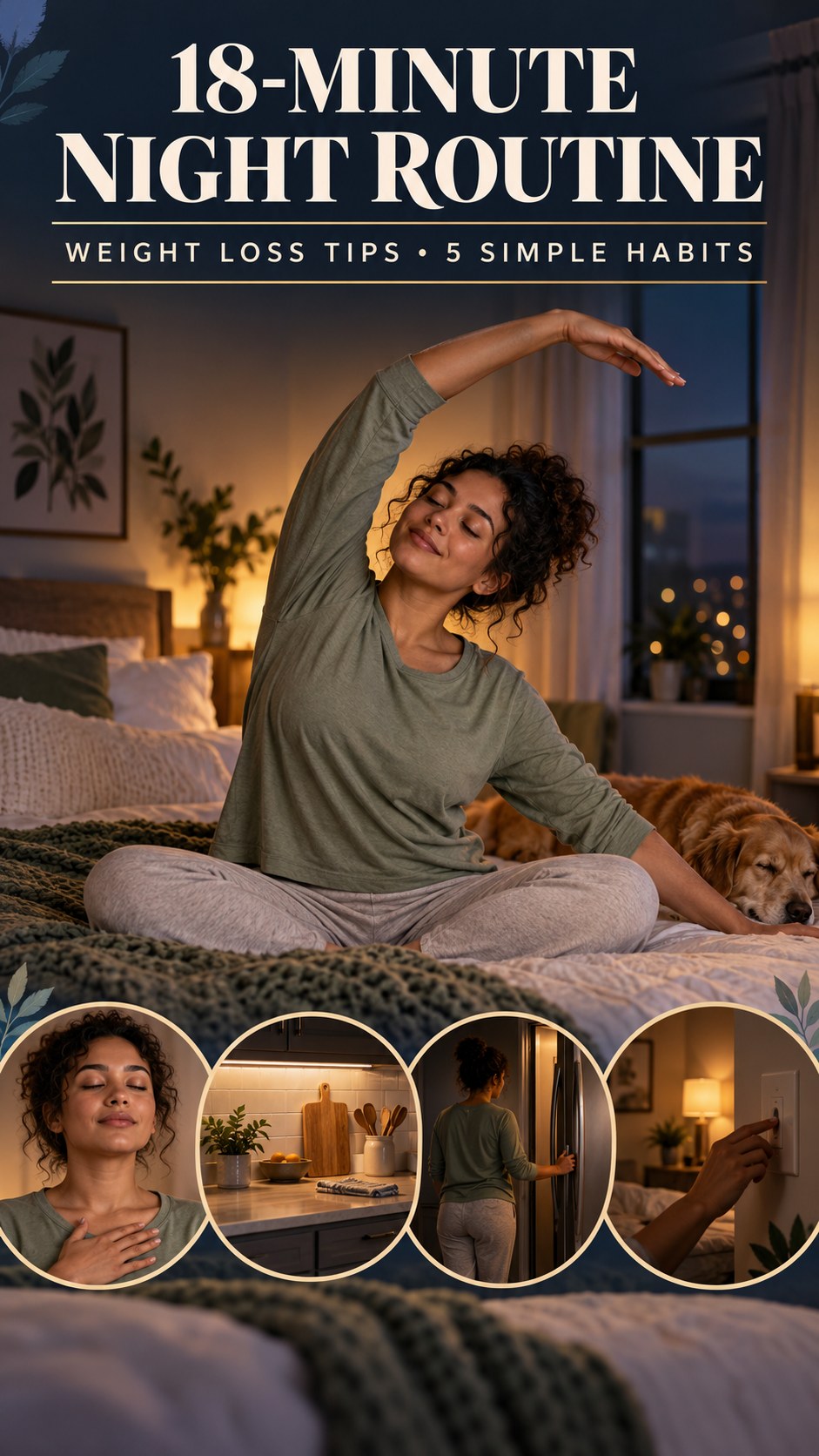 Night routine infographic for Weight Loss Tips showing try comfortable mobility and 5 practical evening habits.