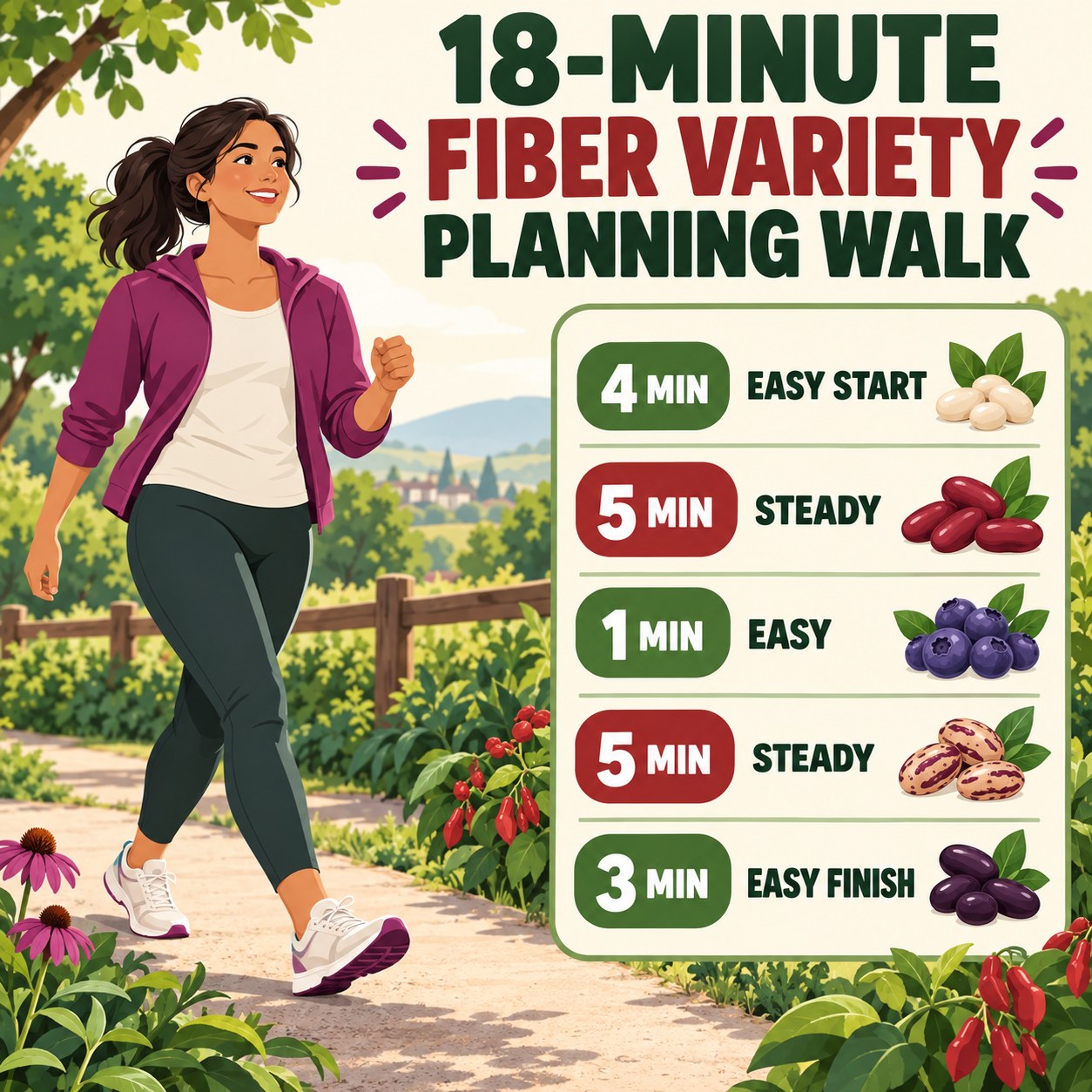 18-minute fiber variety planning walking routine with steady blocks and easy recovery