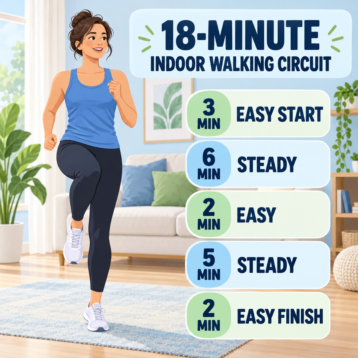 18-minute indoor walking circuit with steady blocks and easy recovery