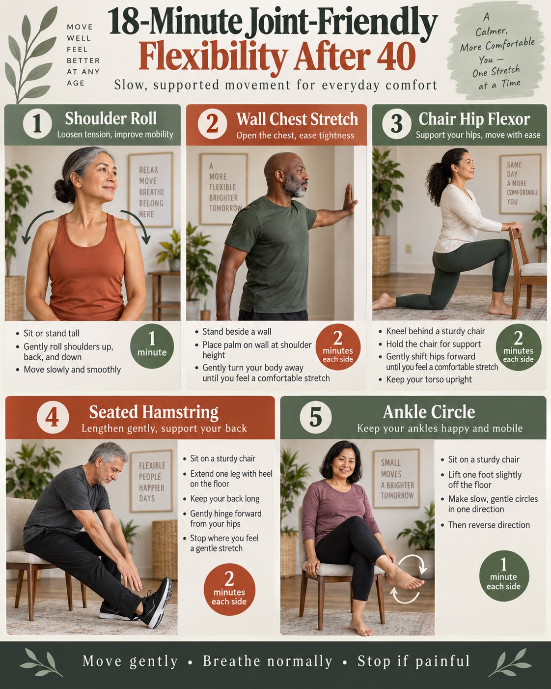 Adults over 40 following shoulder, chest, hip flexor, hamstring, and ankle stretches with chair and wall support