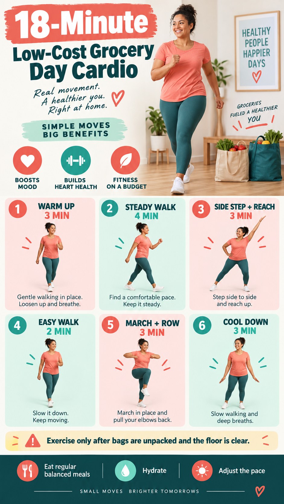 Eighteen-minute grocery day cardio infographic with walking, side steps, marching, recovery, and a cool-down.