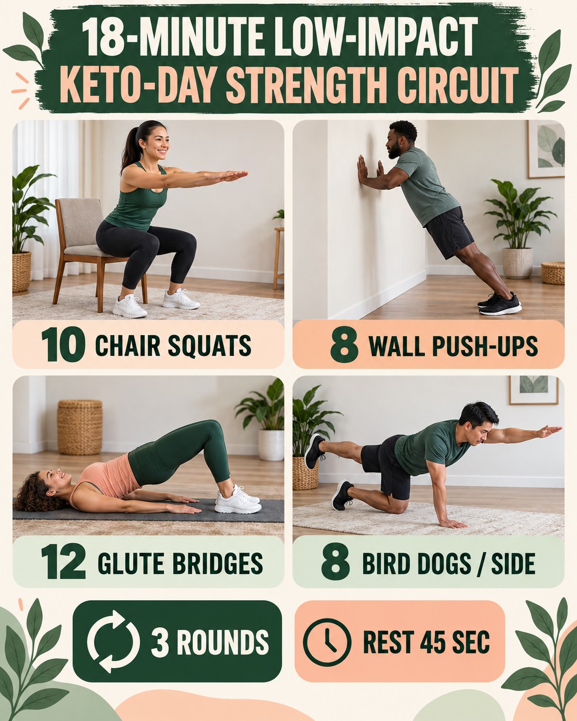18-minute low-impact keto-day strength circuit with four illustrated exercises