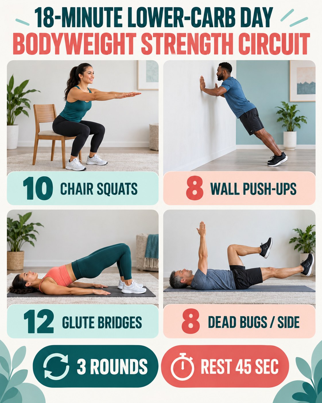 18-minute lower-carb day bodyweight strength circuit with four illustrated exercises