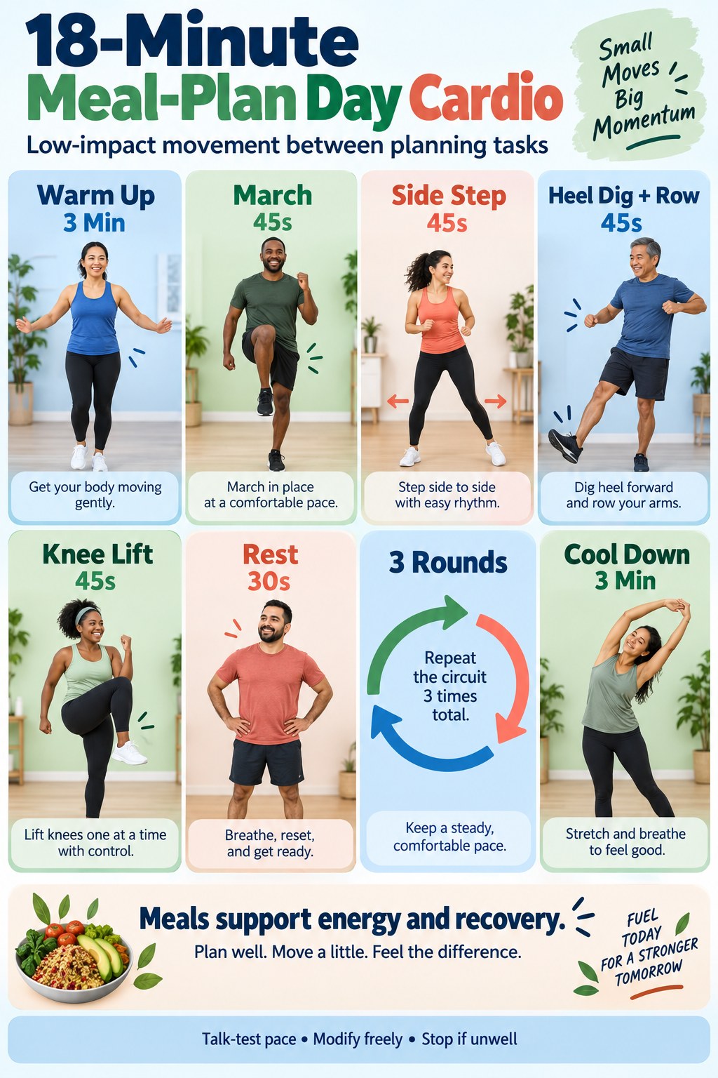 Meal-plan day cardio infographic showing marching, side steps, heel digs with rows, knee lifts, rest, three rounds, cool-down, and fuel guidance.