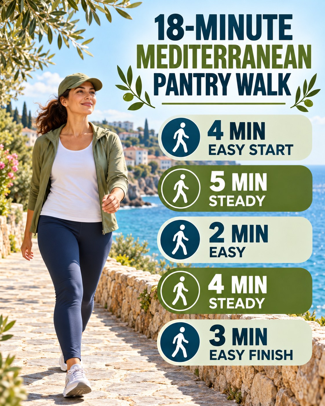 18-minute Mediterranean pantry walking routine with two steady blocks and easy recovery