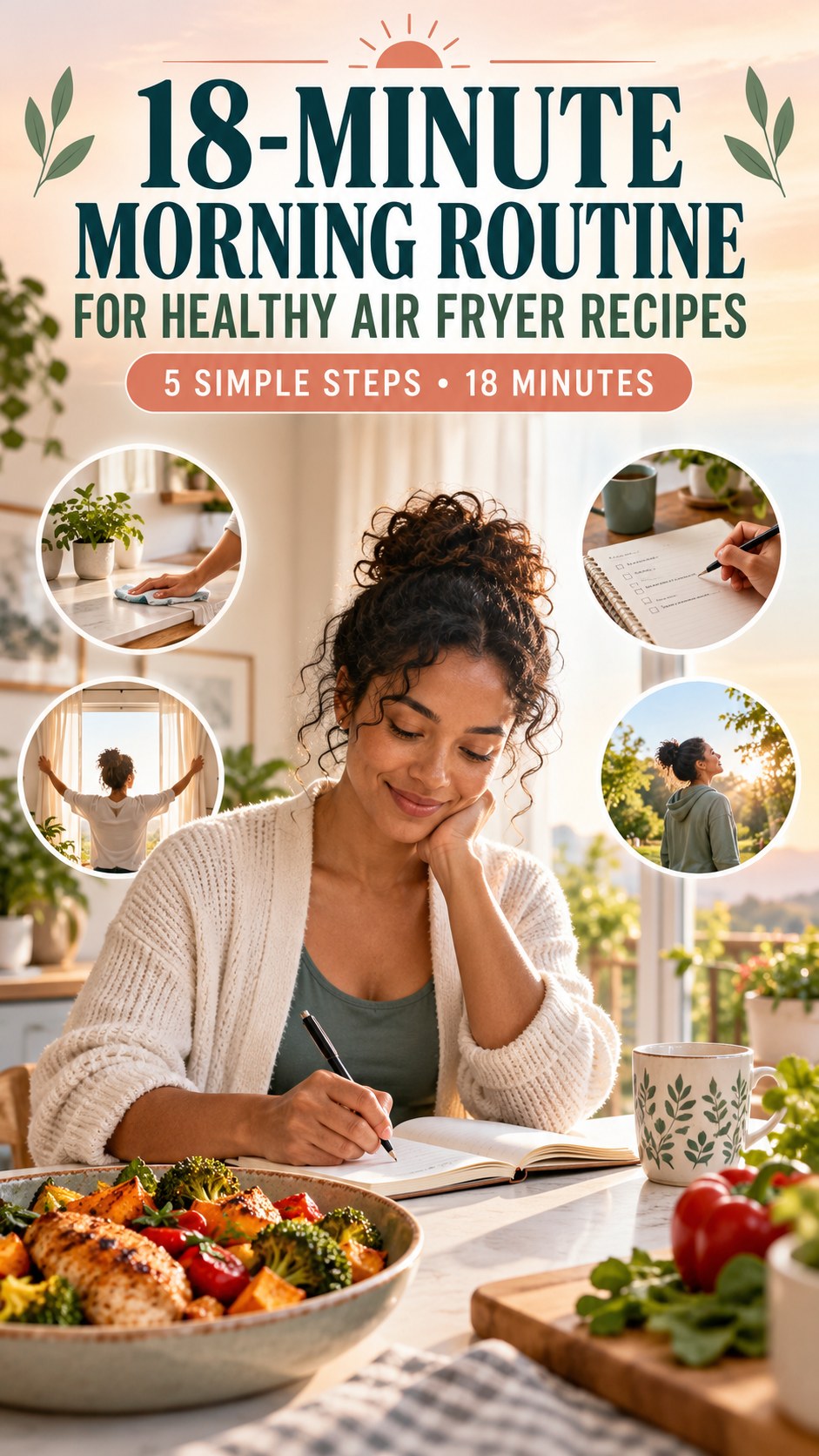 Morning routine infographic for Healthy Air Fryer Recipes showing write a simple check-in and five practical steps.