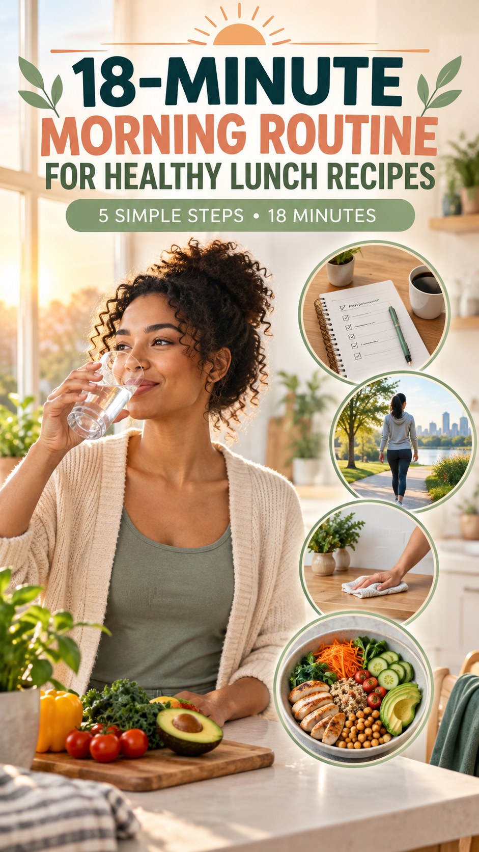 Morning routine infographic for Healthy Lunch Recipes showing drink water and five practical steps.