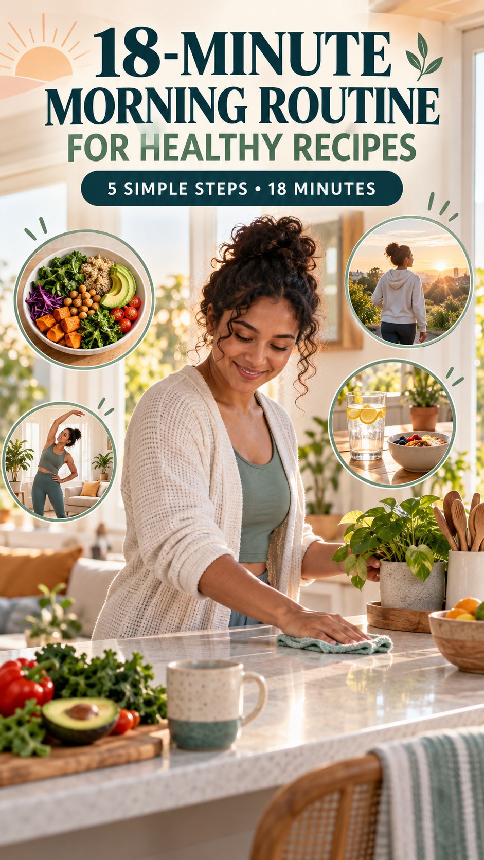 Morning routine infographic for Healthy Recipes showing tidy one small surface and five practical steps.