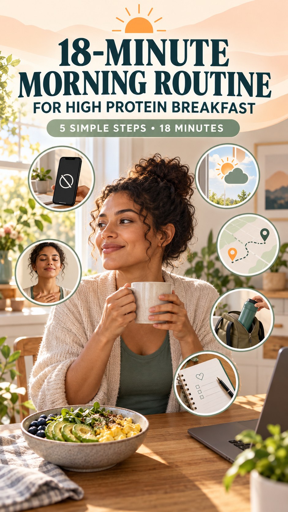 Morning routine infographic for High Protein Breakfast showing set a screen boundary and five practical steps.