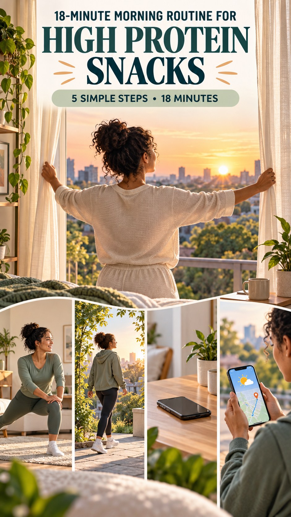 Morning routine infographic for High Protein Snacks showing open the curtains and five practical steps.