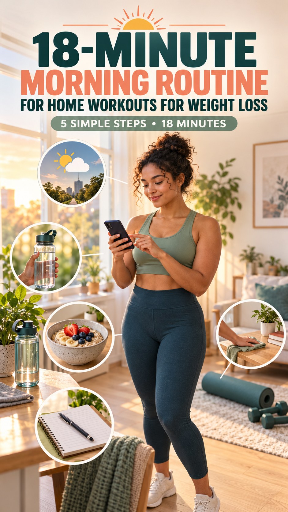 Morning routine infographic for Home Workouts for Weight Loss showing check the weather and route and five practical steps.