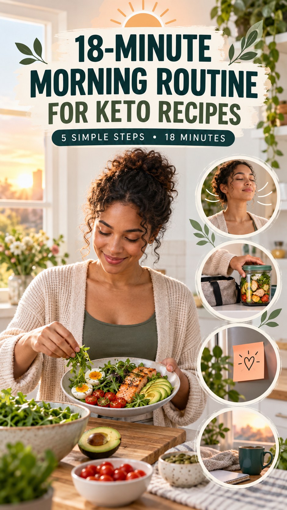 Morning routine infographic for Keto Recipes showing build a balanced plate plan and five practical steps.