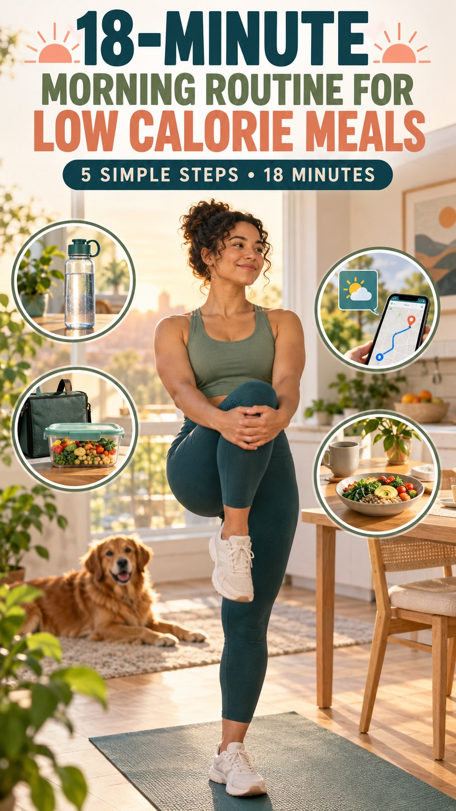 Morning routine infographic for Low Calorie Meals showing do a two-minute mobility check and five practical steps.