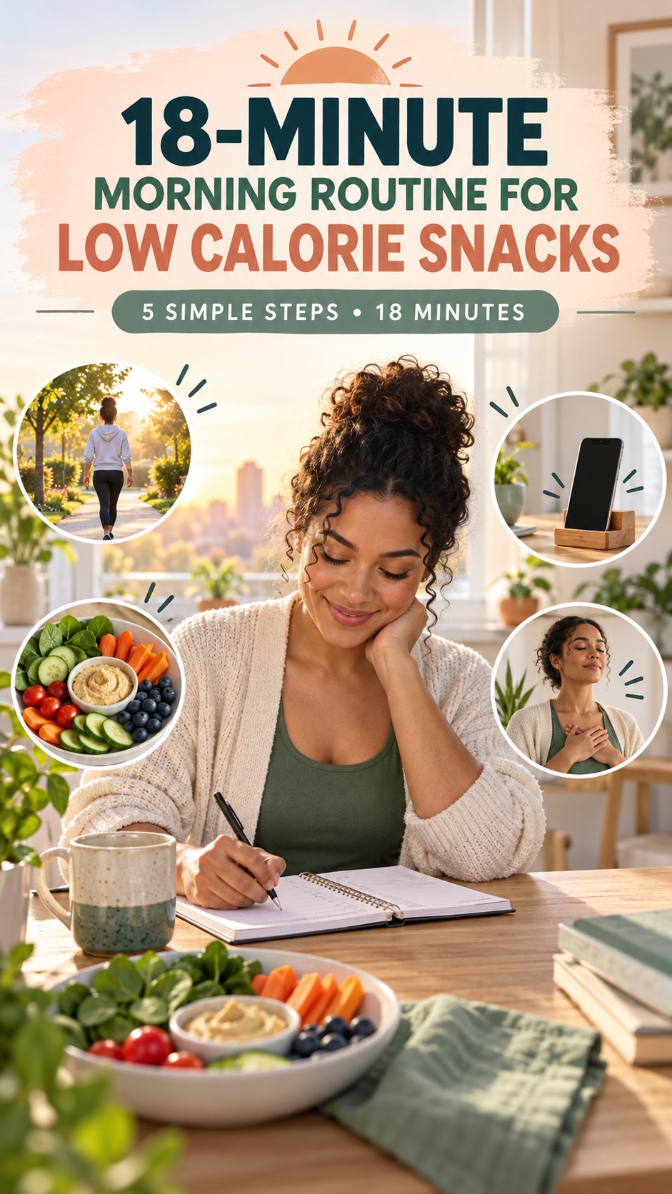 Morning routine infographic for Low Calorie Snacks showing review today’s plan and five practical steps.