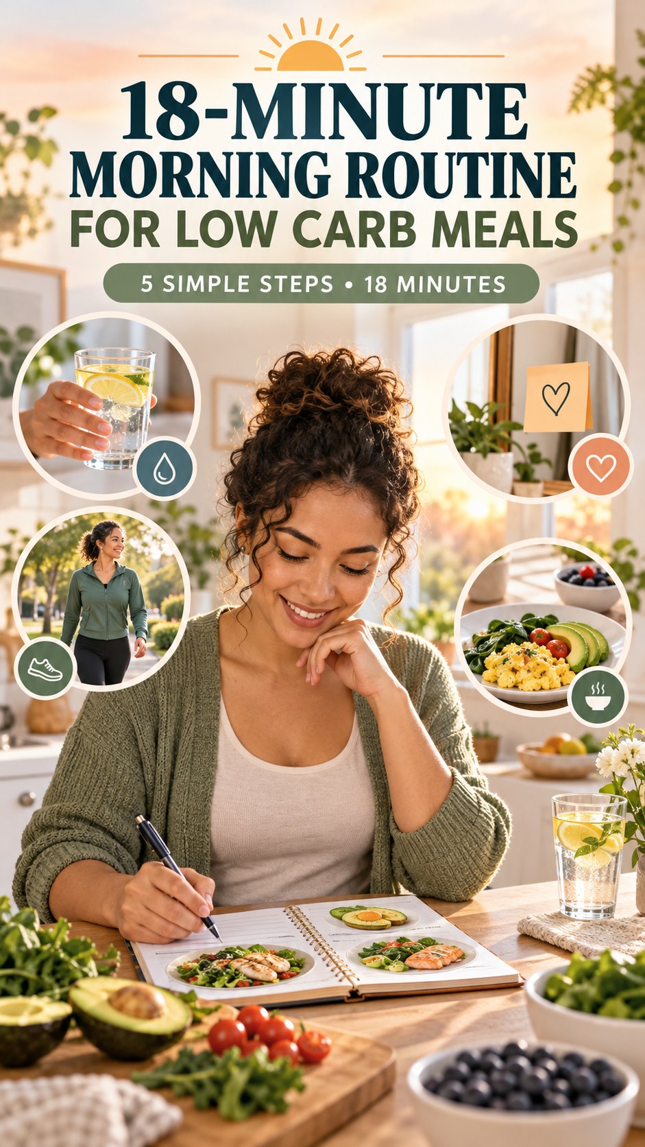 Morning routine infographic for Low Carb Meals showing create a meal cue and five practical steps.