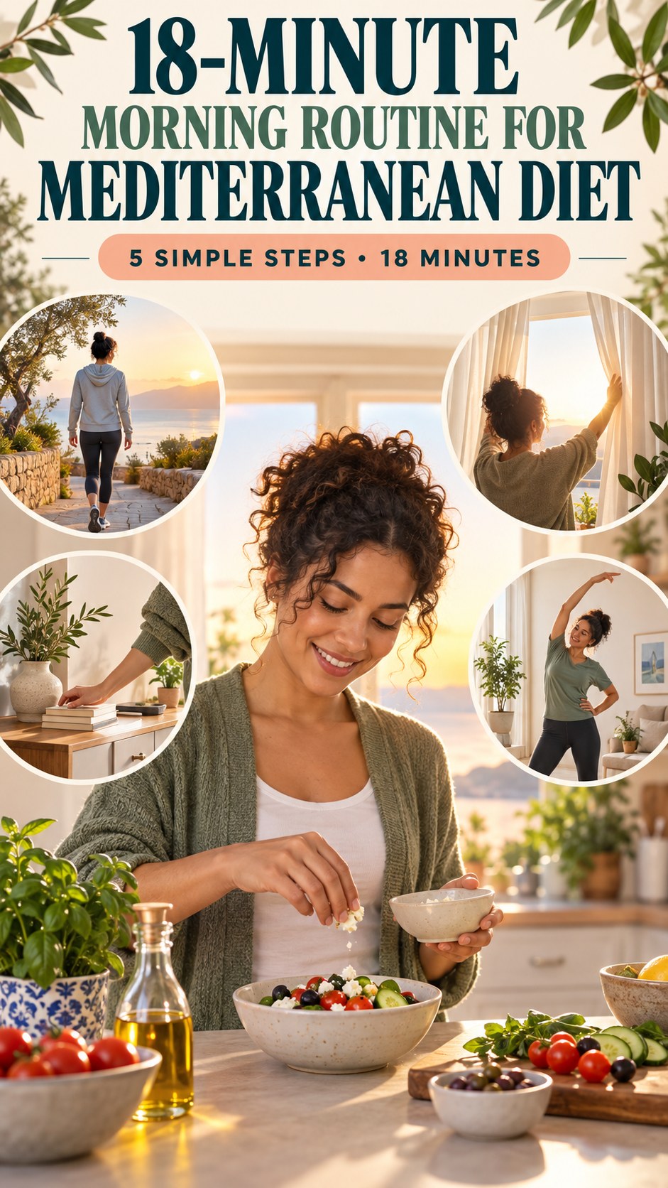 Morning routine infographic for Mediterranean Diet showing prepare an easy breakfast option and five practical steps.