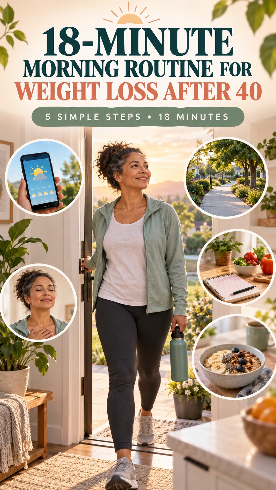 Morning routine infographic for Weight Loss After 40 showing step outside briefly and five practical steps.
