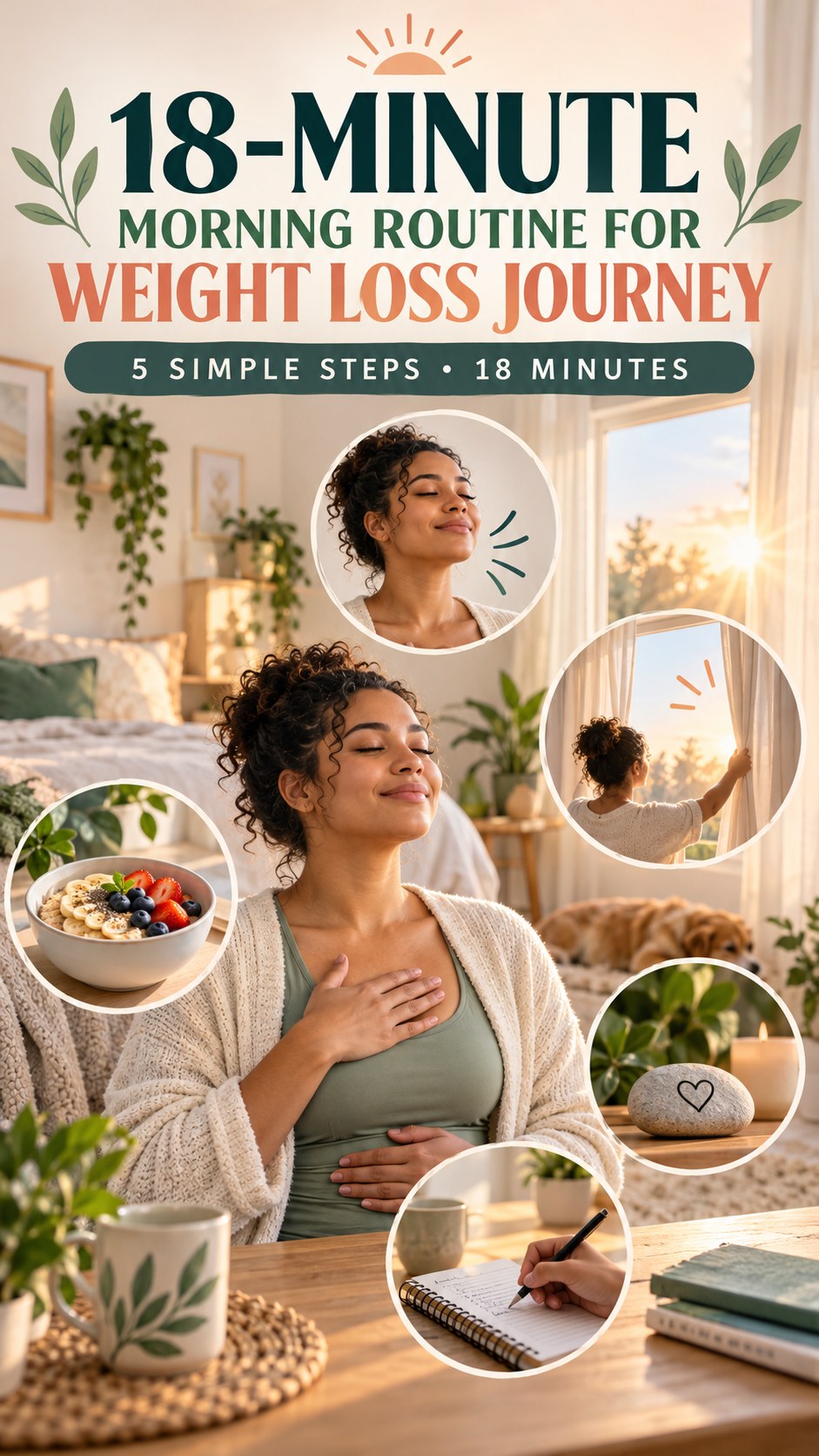 Morning routine infographic for Weight Loss Journey showing take three slow breaths and five practical steps.