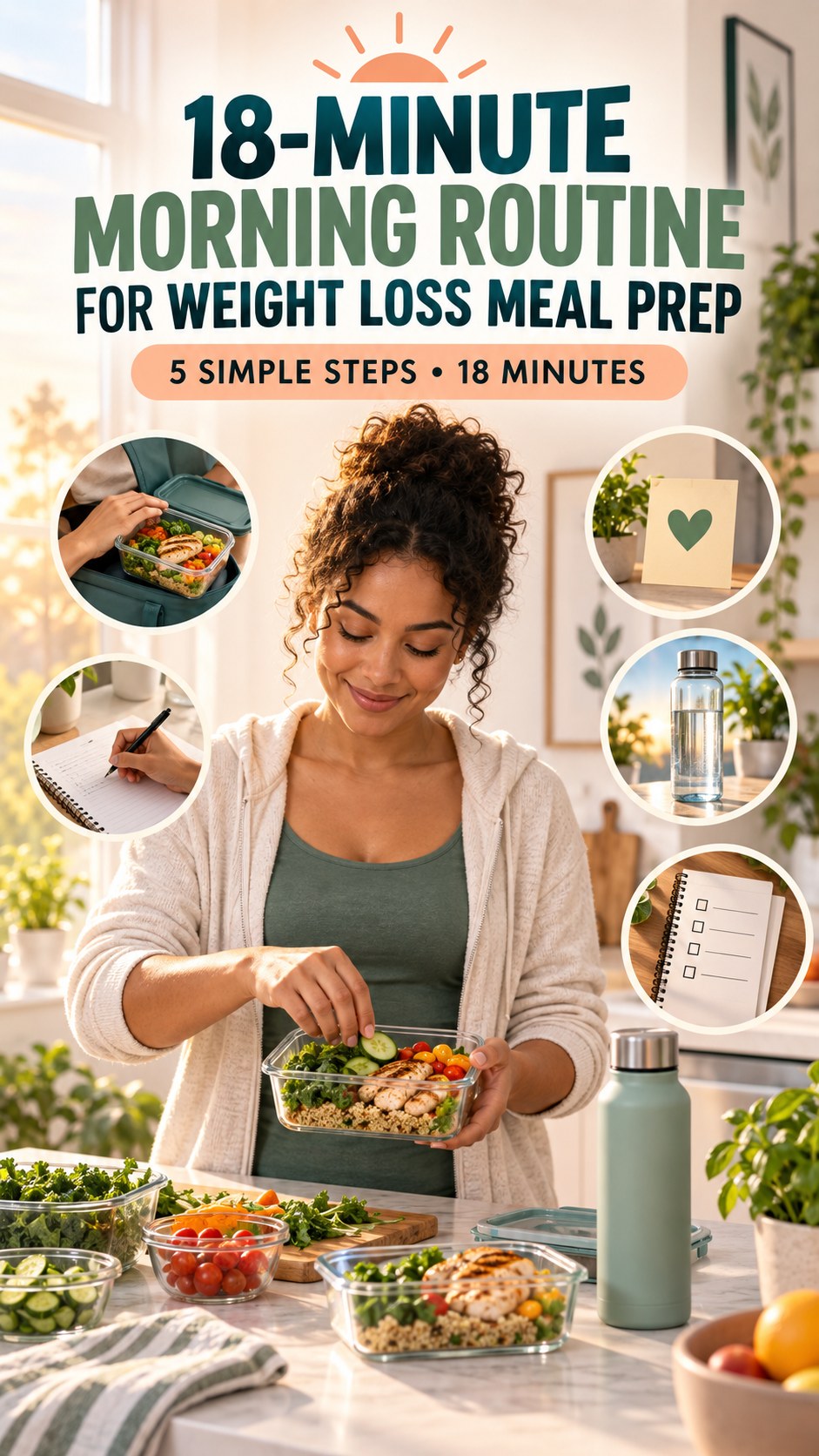 Morning routine infographic for Weight Loss Meal Prep showing pack one helpful item and five practical steps.