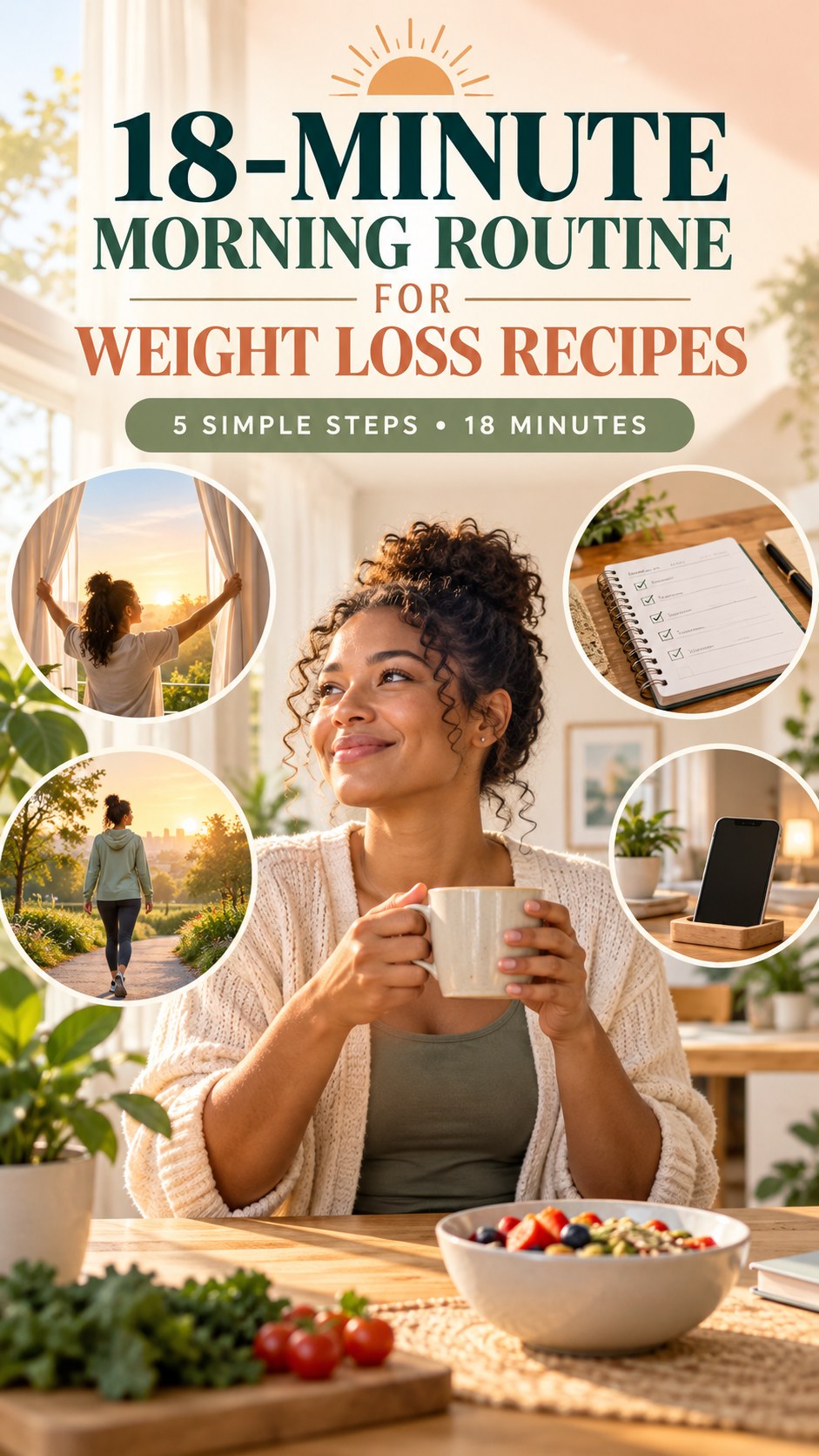 Morning routine infographic for Weight Loss Recipes showing choose a recovery reminder and five practical steps.