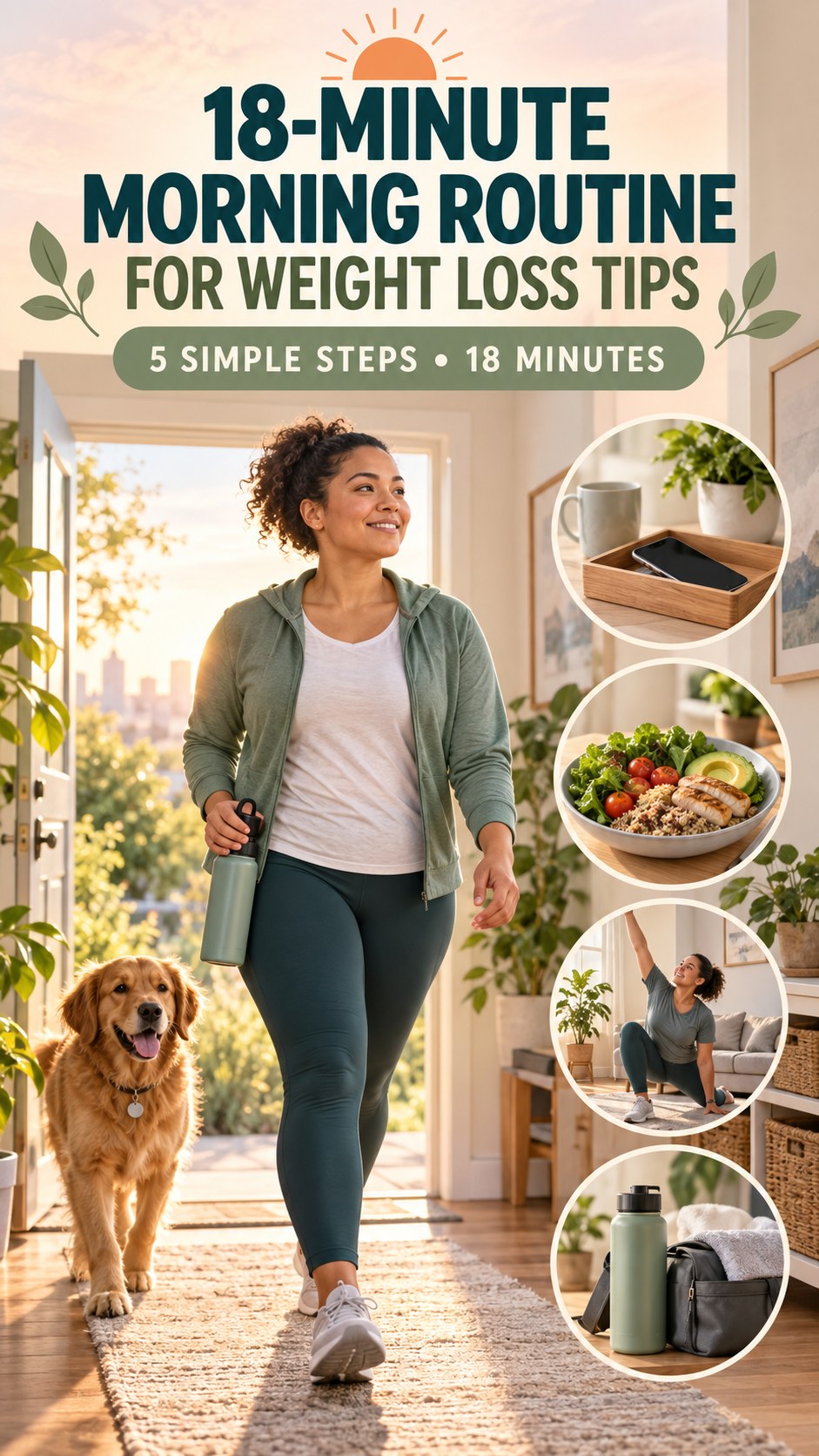 Morning routine infographic for Weight Loss Tips showing start with a short walk and five practical steps.