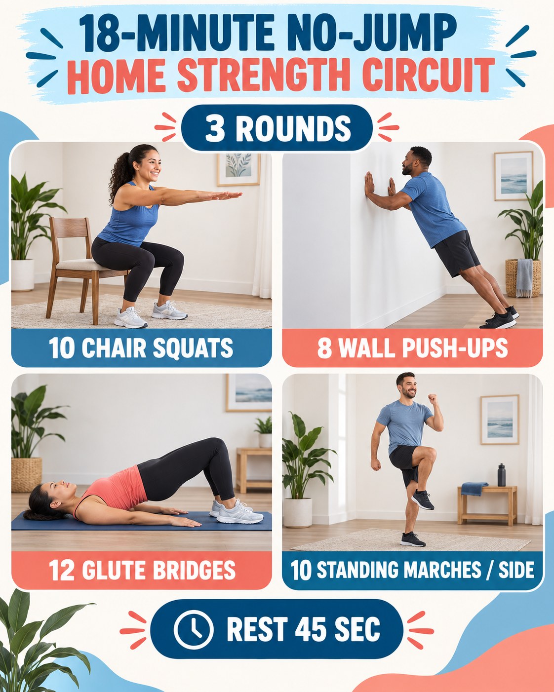 18-minute no-jump home strength circuit with four illustrated exercises