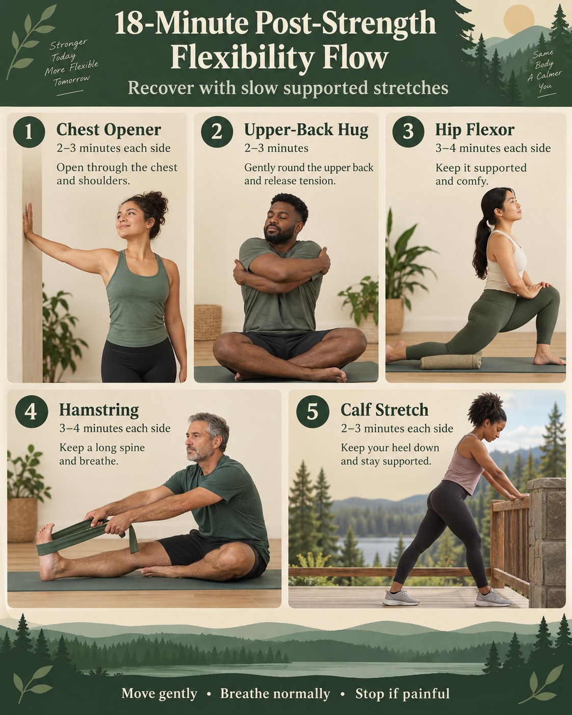 18-Minute Post-Strength Flexibility Flow infographic demonstrating chest opener, upper-back hug, hip flexor, hamstring, calf stretch