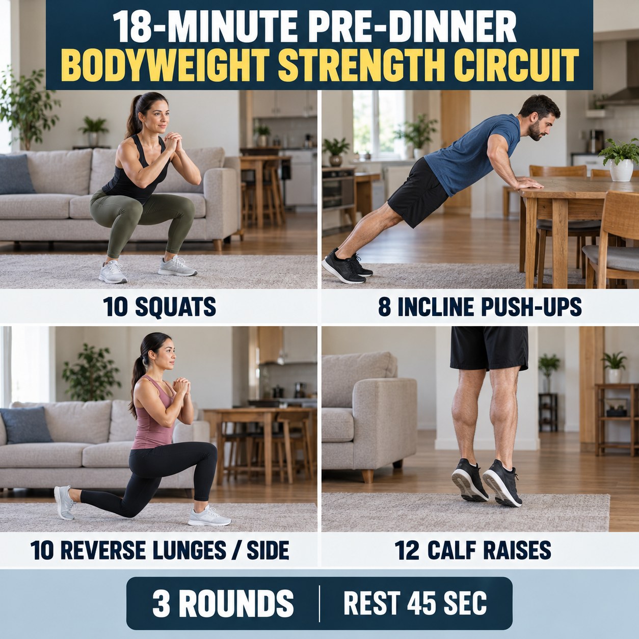 Pre-dinner bodyweight strength circuit with squats, incline push-ups, reverse lunges, and calf raises