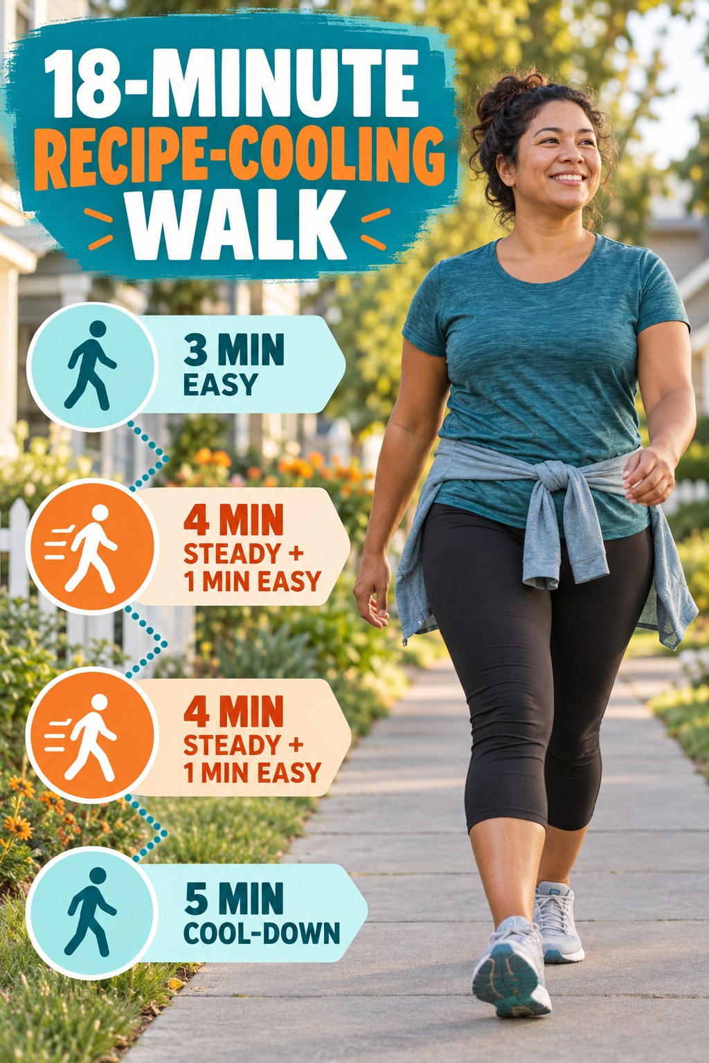 Adult walking outdoors beside an 18-minute post-recipe routine with easy, steady, recovery, and cool-down sections.