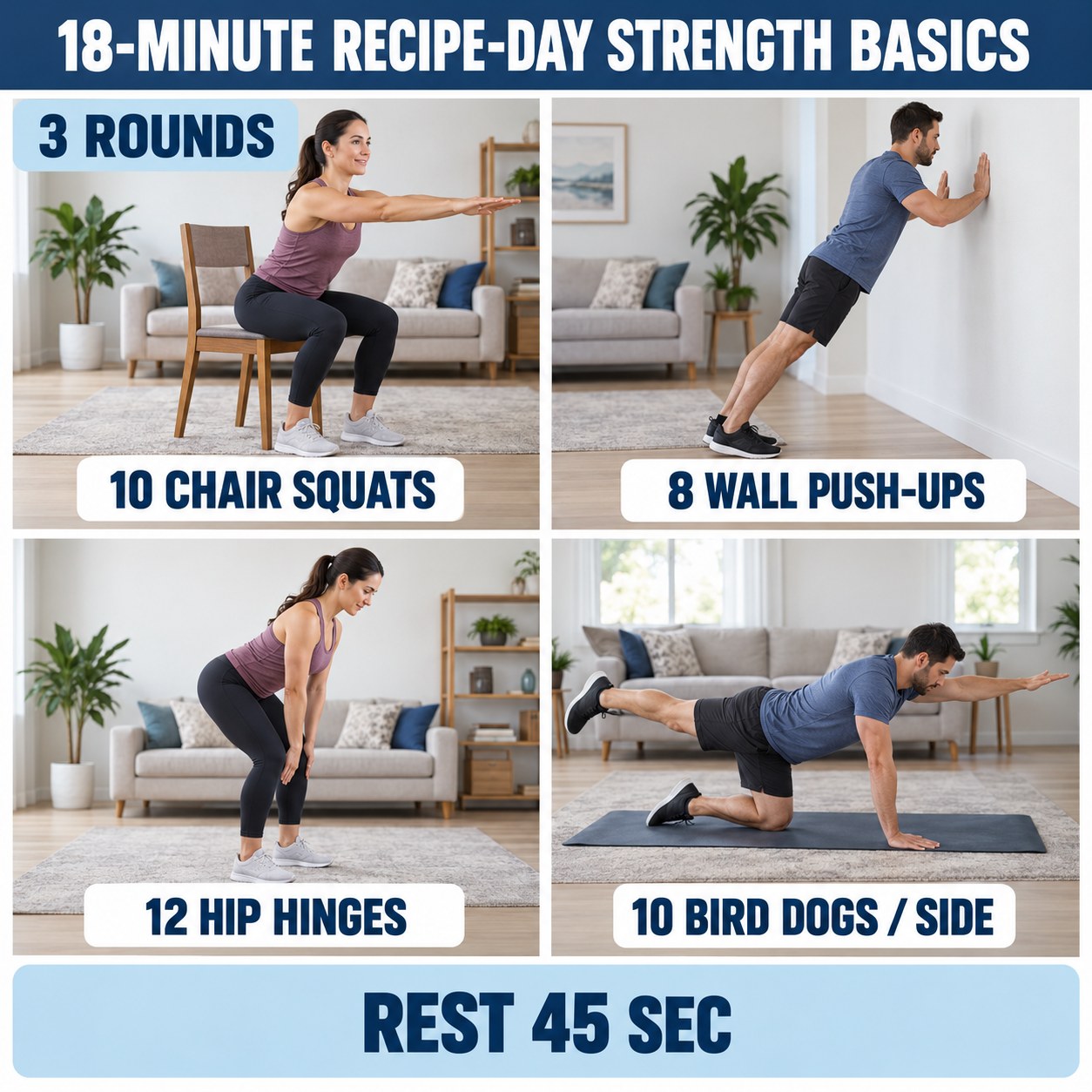 Recipe-day strength basics with chair squats, wall push-ups, hip hinges, and bird dogs