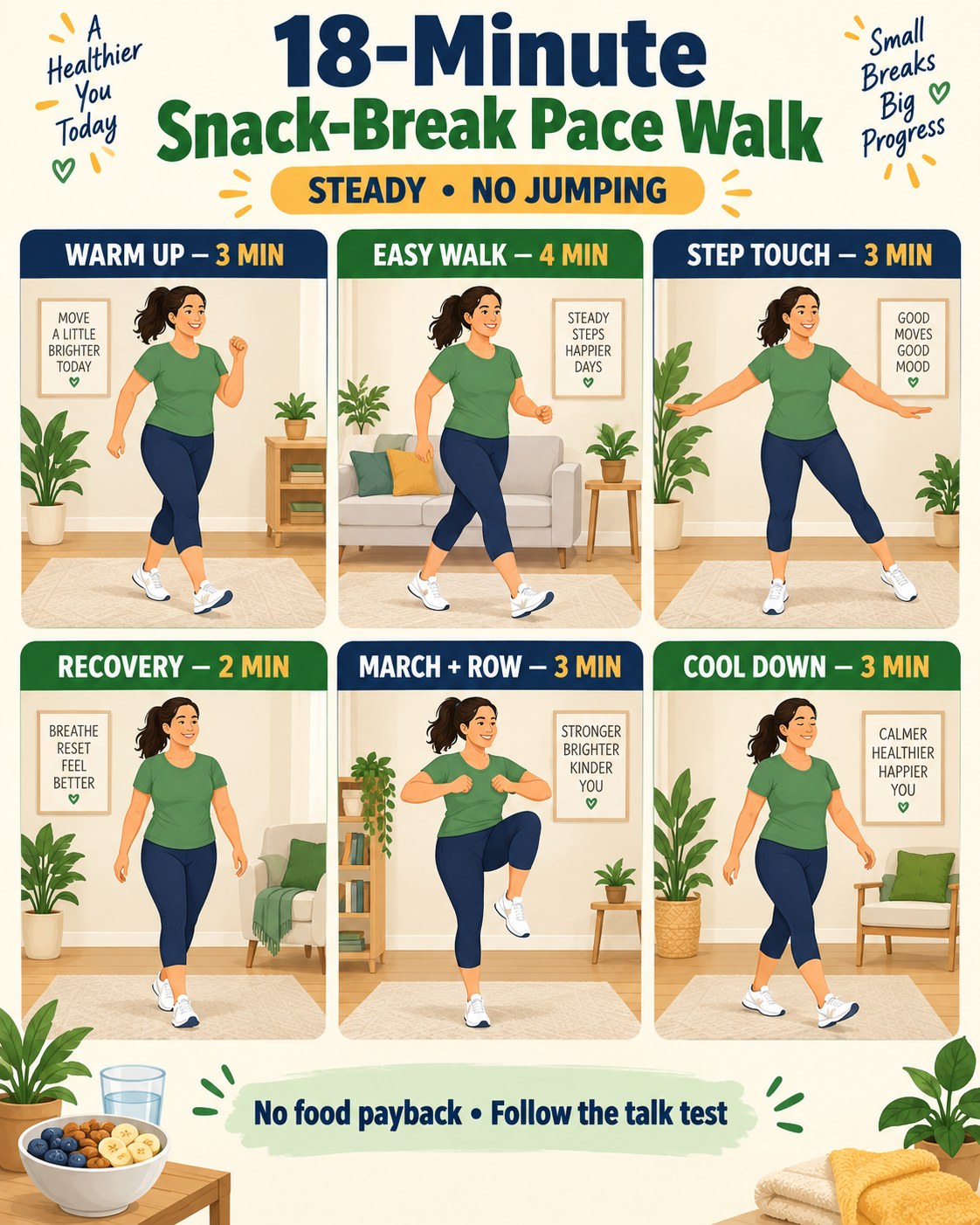 18-minute snack-break pace walk infographic with six low-impact timed blocks