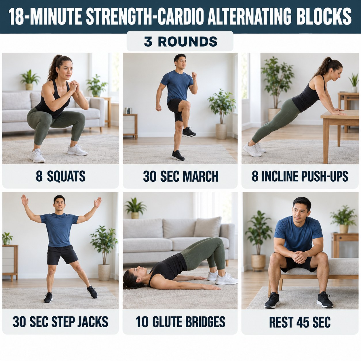 Strength-cardio alternating blocks with squats, marching, incline push-ups, step jacks, and glute bridges