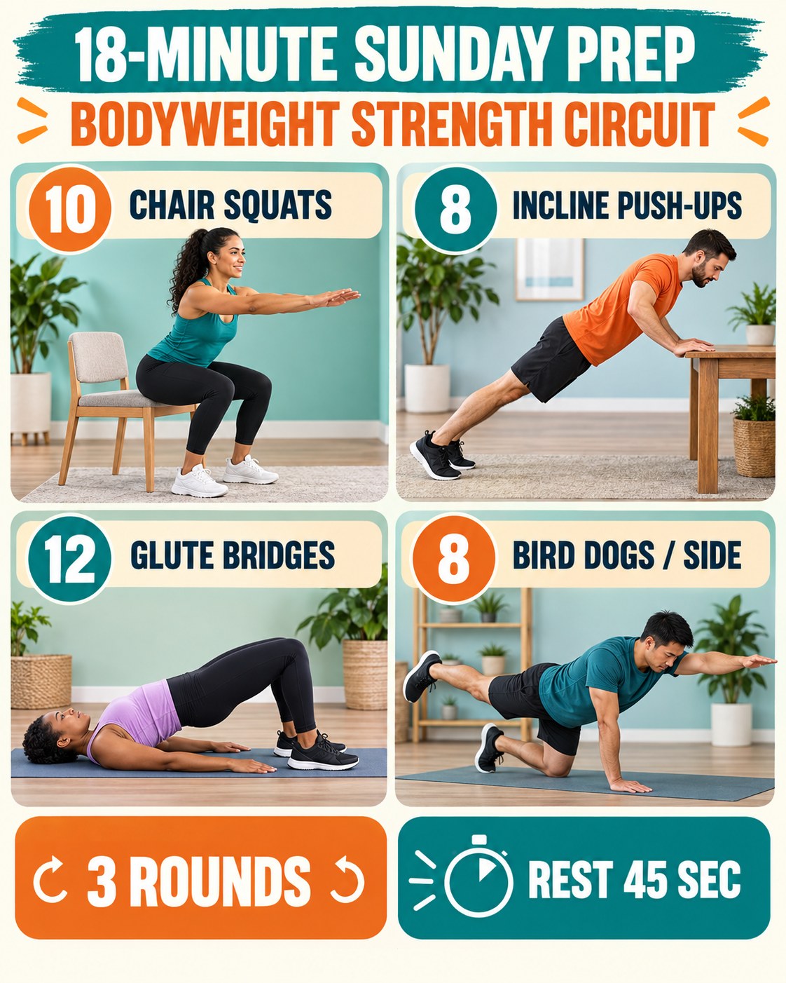 18-minute Sunday prep bodyweight strength circuit with four illustrated exercises
