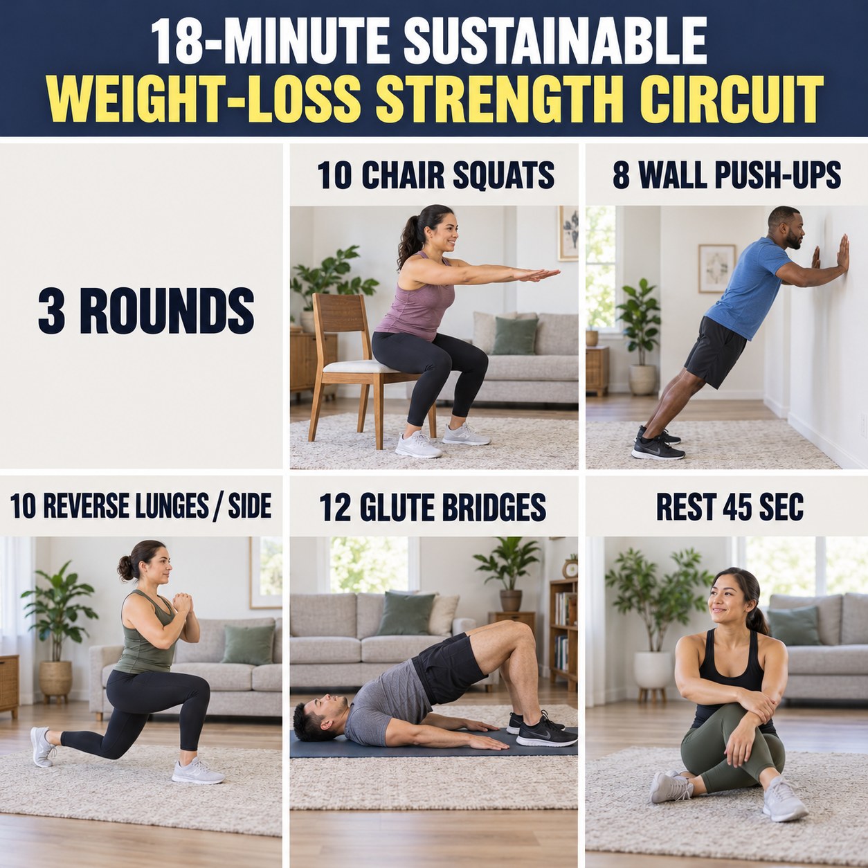 Sustainable weight-loss strength circuit with chair squats, wall push-ups, reverse lunges, and glute bridges