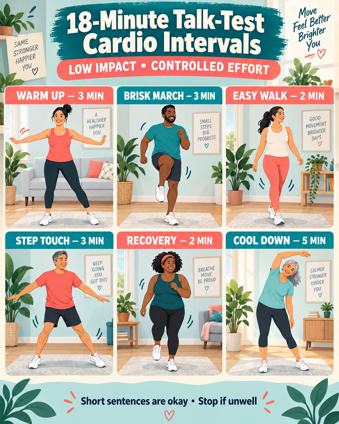 18-minute talk-test cardio intervals infographic with six low-impact timed blocks