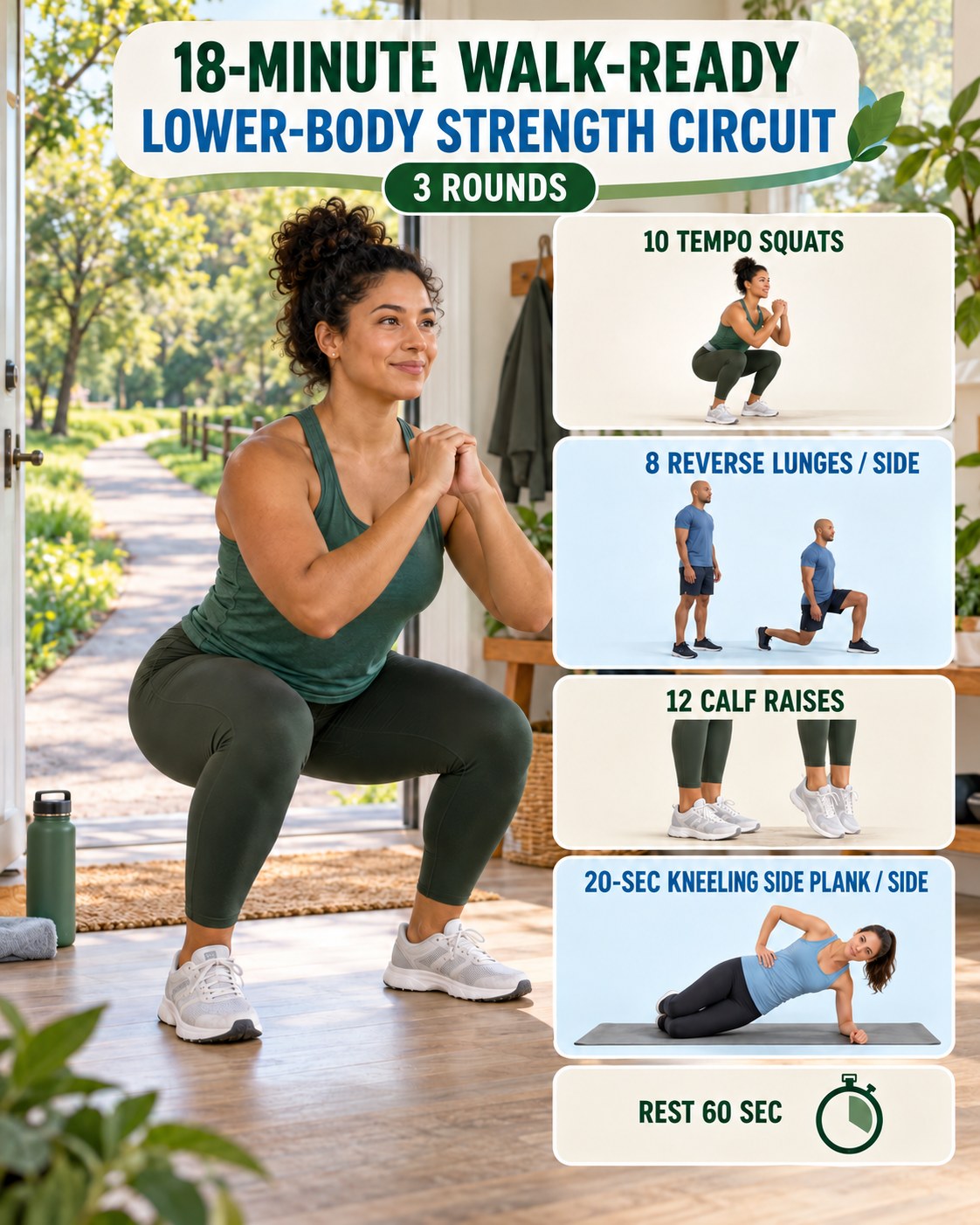 Woman doing a tempo squat beside an 18-minute walk-ready lower-body strength circuit infographic.