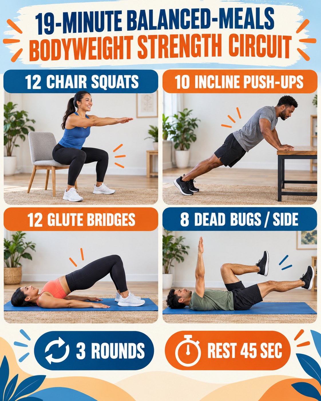 19-minute balanced-meals bodyweight strength circuit with four illustrated exercises