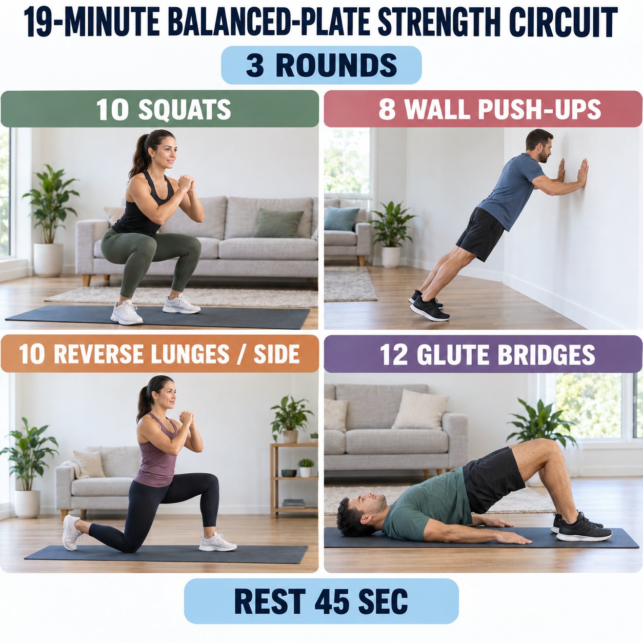 Balanced-plate strength circuit with squats, wall push-ups, reverse lunges, and glute bridges