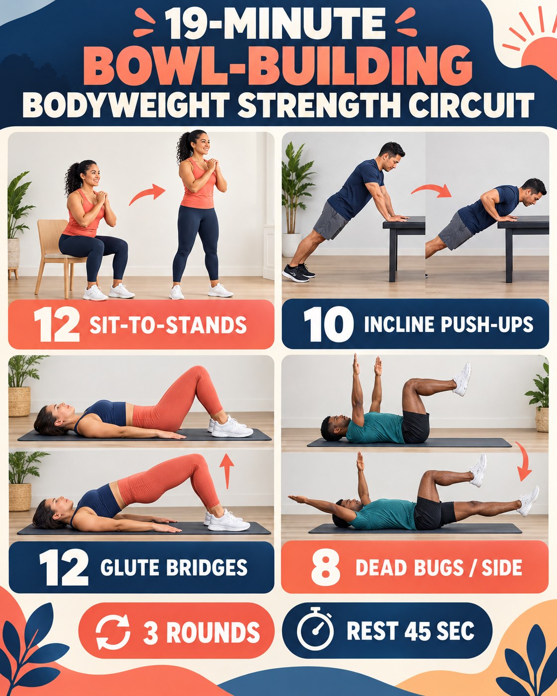 19-minute bowl-building bodyweight strength circuit with four illustrated exercises