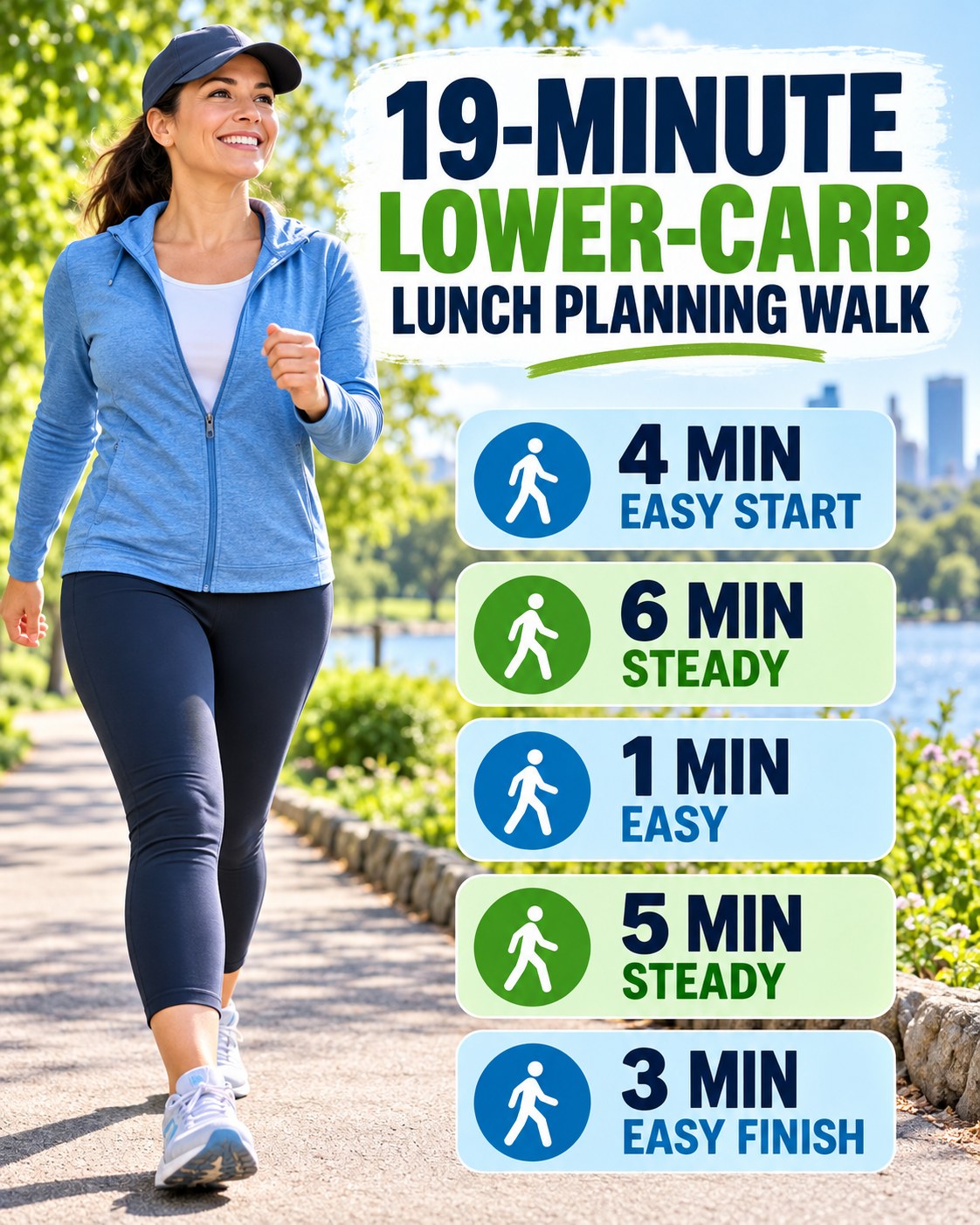 19-minute lower-carb lunch planning walking routine with two steady blocks and easy recovery